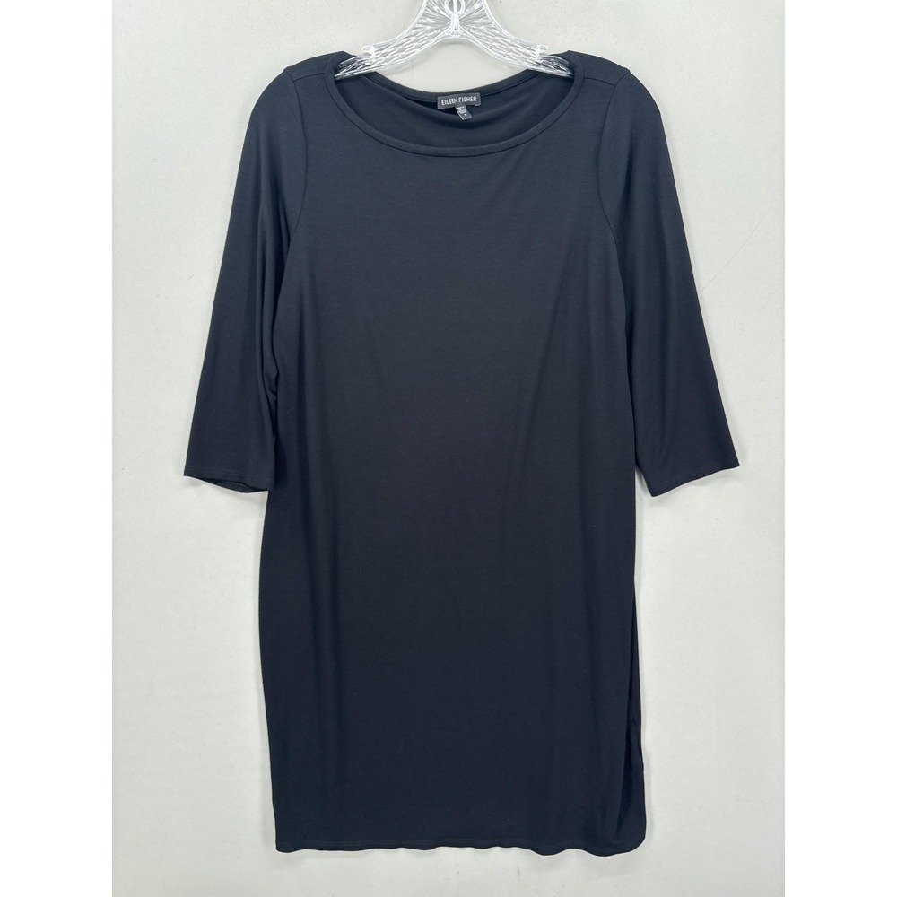 Eileen Fisher Dress Small Black Round Neck 3/4 Sleeve Jersey Short Shift Stretch